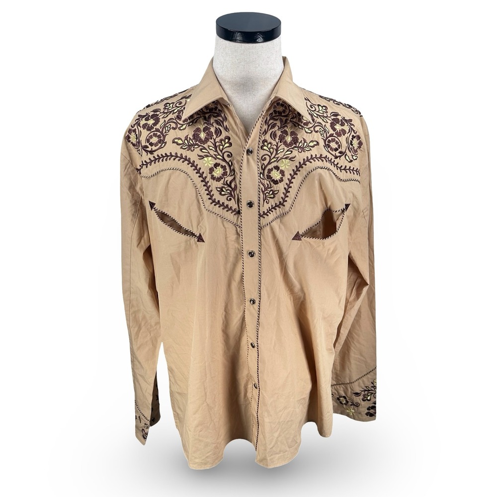 Salvaje Oeste Mens XL Tan Western Snap Shirt Floral Embroidery Smile Pockets